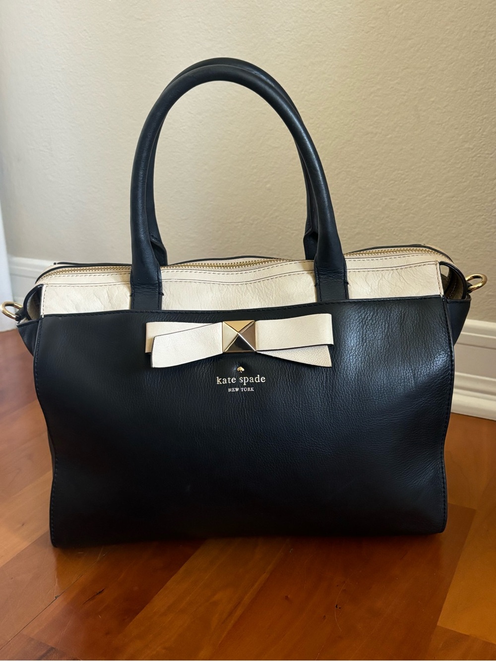 kate spade Black and Cream Leather Satchel with Bow Detail